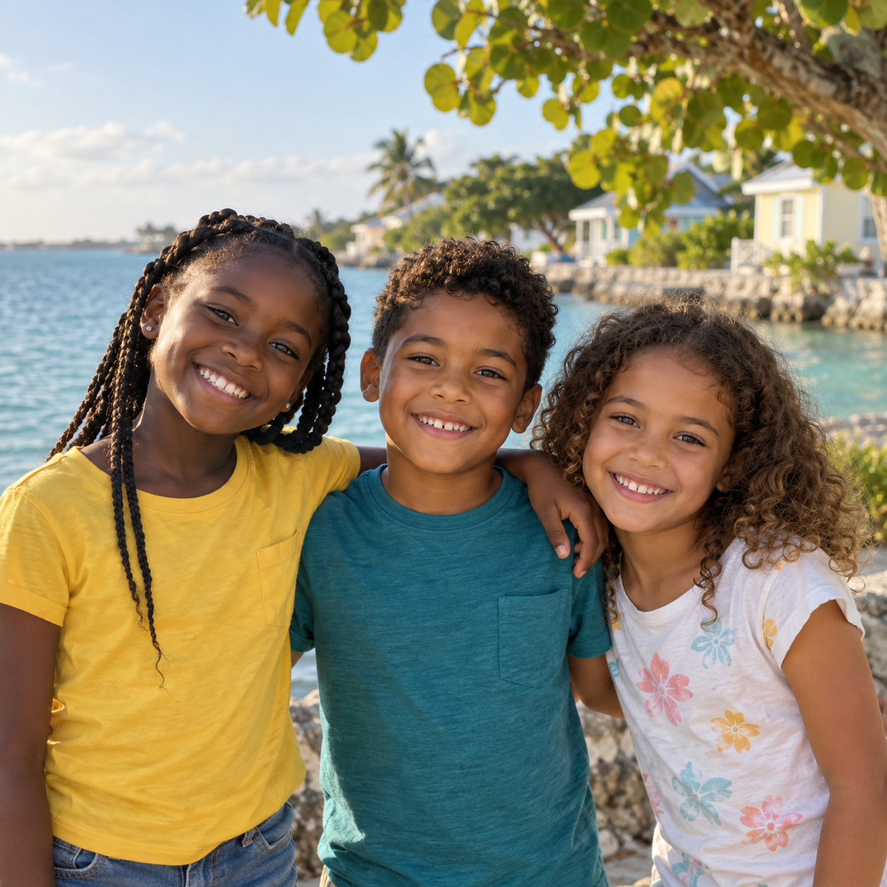 AI-generated illustration of three children together in a Cayman-inspired coastal setting